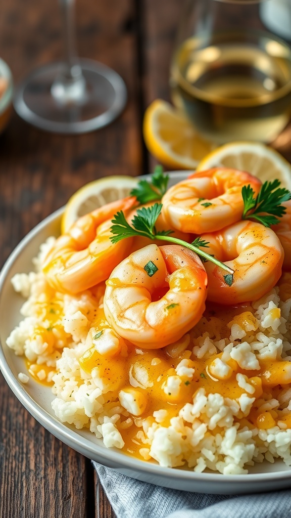 Garlic butter shrimp on rice with parsley and lemon on a rustic table.